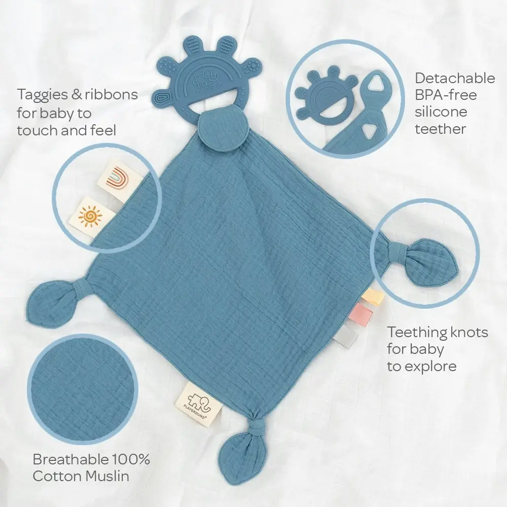 2x Playground Baby Silicone/Cotton Comfort Teether Blanket/Teething 4m+ Blue