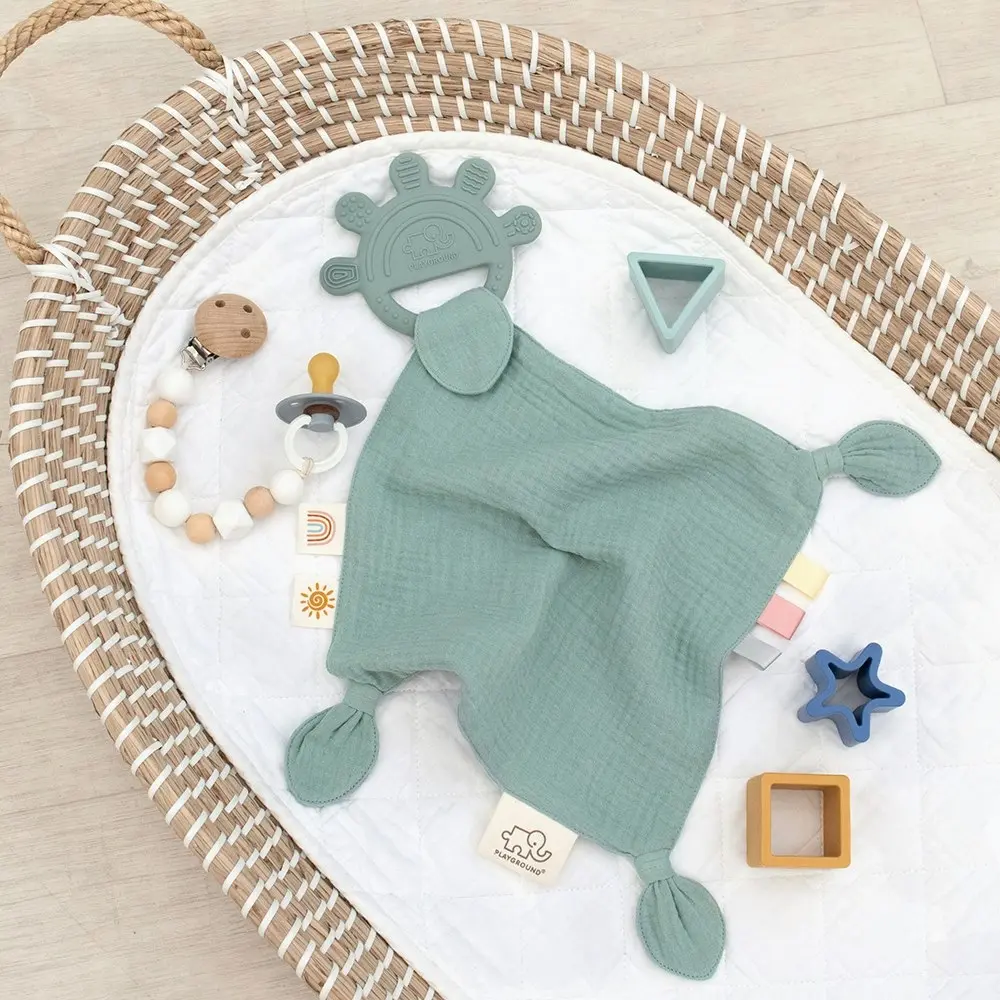 2x Playground Baby Silicone/Cotton Comfort Teether Blanket/Teething 4m+ Sage