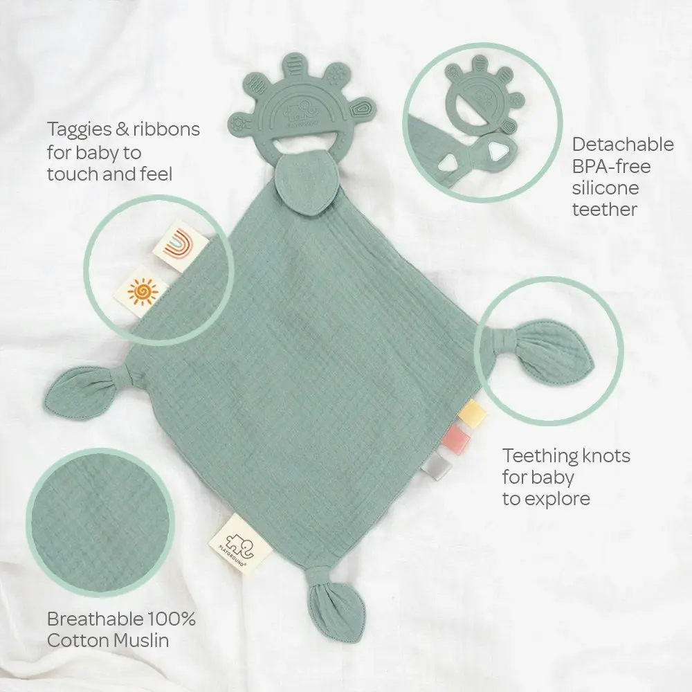 2x Playground Baby Silicone/Cotton Comfort Teether Blanket/Teething 4m+ Sage