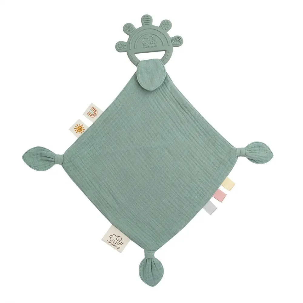 2x Playground Baby Silicone/Cotton Comfort Teether Blanket/Teething 4m+ Sage