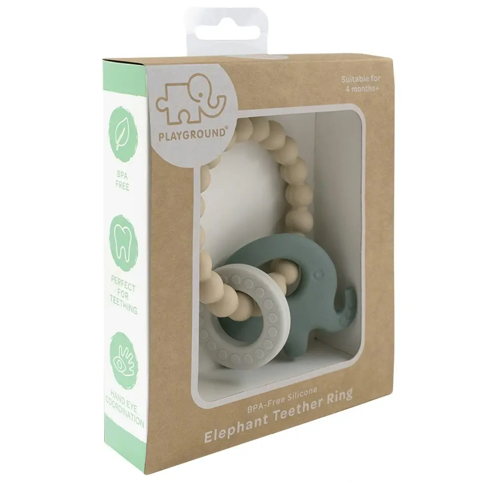 2x Playground Baby 11cm Silicone/Beechwood Elephant Teether Teething 3m+ Sage