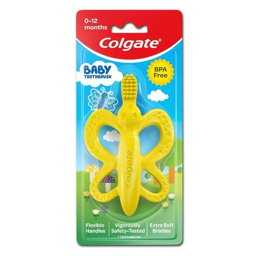 3PK Colgate Baby Training Toothbrush Silicone Teether 0-12m Butterfly Yellow