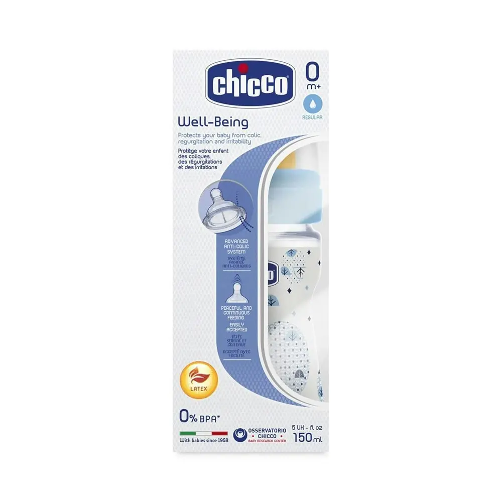 2x Chicco Nursing Baby Well-Being 150ml Feeding Bottle/Anti Colic Teat 0m+ Boy