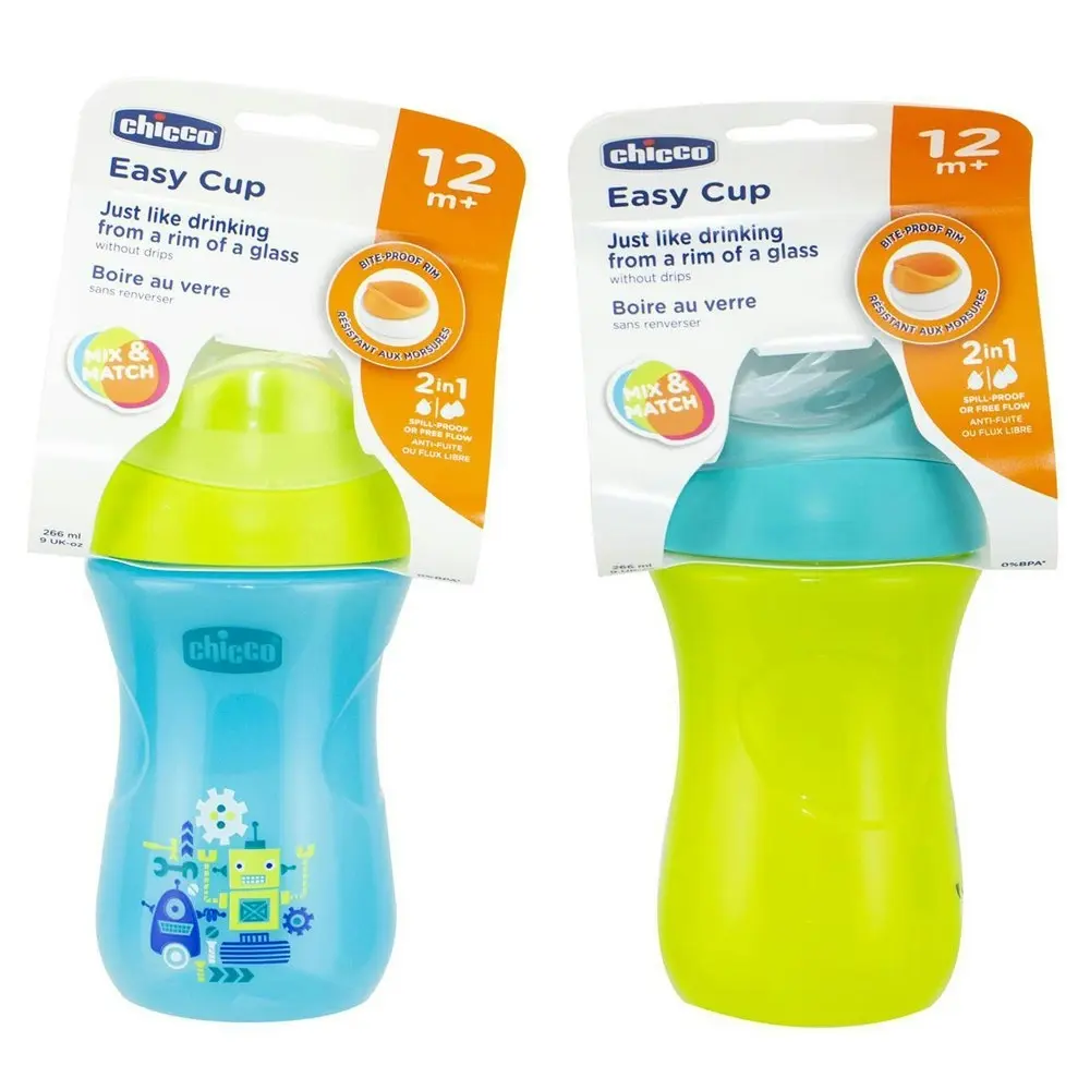 2x Chicco Nursing Baby 266ml Easy Cup Spill Proof Training Drink Sippy 12m+ Boy