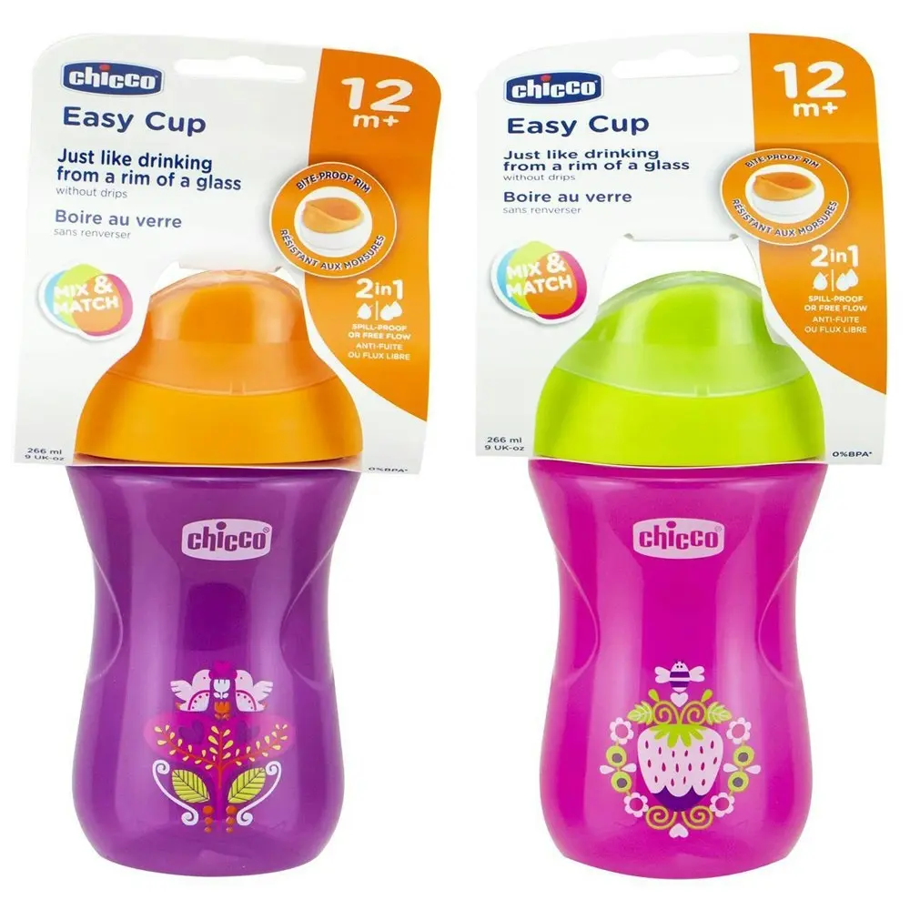 2x Chicco Nursing Baby 266ml Easy Cup Spill Proof Training Drink Sippy 12m+ Girl