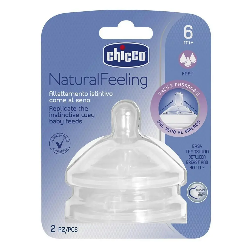 2x Chicco Nursing NaturalFeeling Fast Flow Silicone Teat Baby/Toddler 6m+