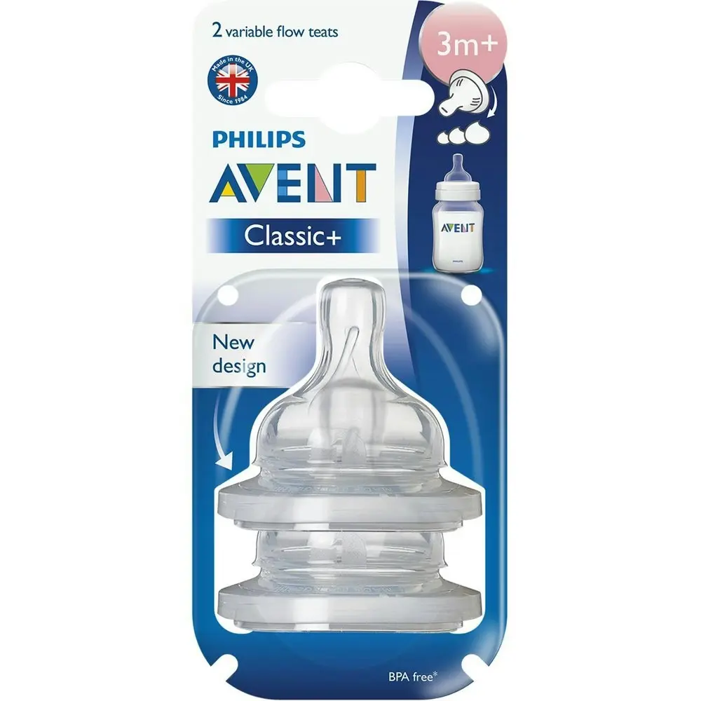 2x 2pc Philips Avent Classic+ Variable Flow Teat/Baby Bottle Nipple Clear 3m+