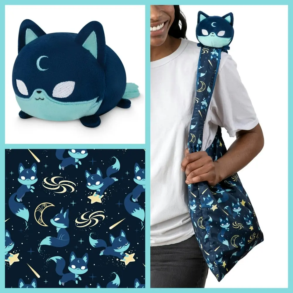 Tee Turtle Plushie Tote Bag Blue Tote Bag and Dark Blue Moon Fox Plushie