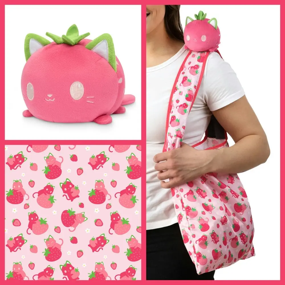 Tee Turtle Plushie Tote Bag and Pink Strawberry Cat Themed Plushie Soft Toy