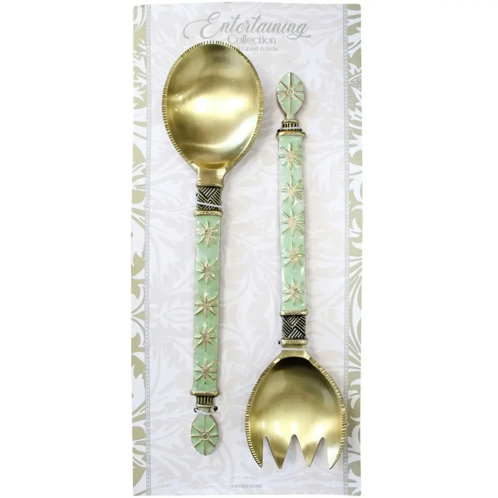 2pc LVD Aluminum Spoon/Fork Salad Server Faro Handle Utensils 27cm GLD/Green