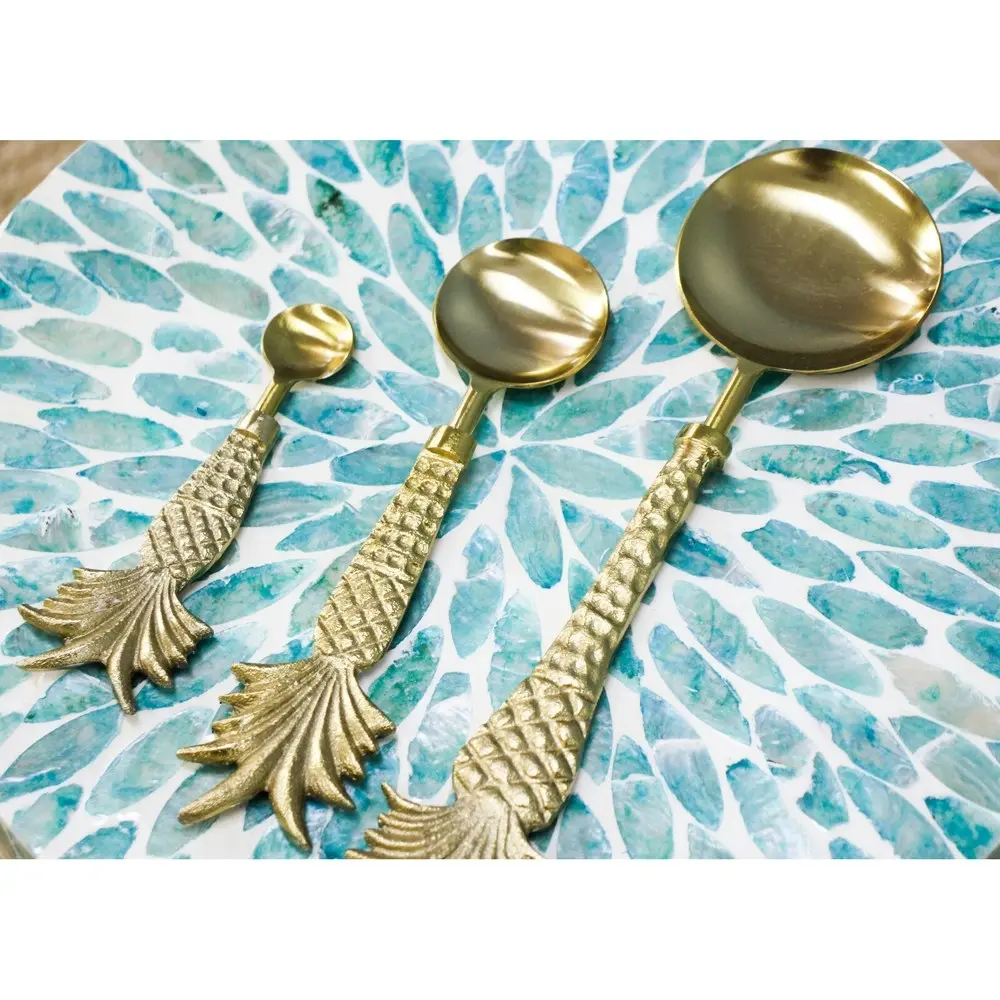 3pc LVD S/Steel/Brass Spoon Serving Set Pineapple Handle Kitchen Utensil GLD