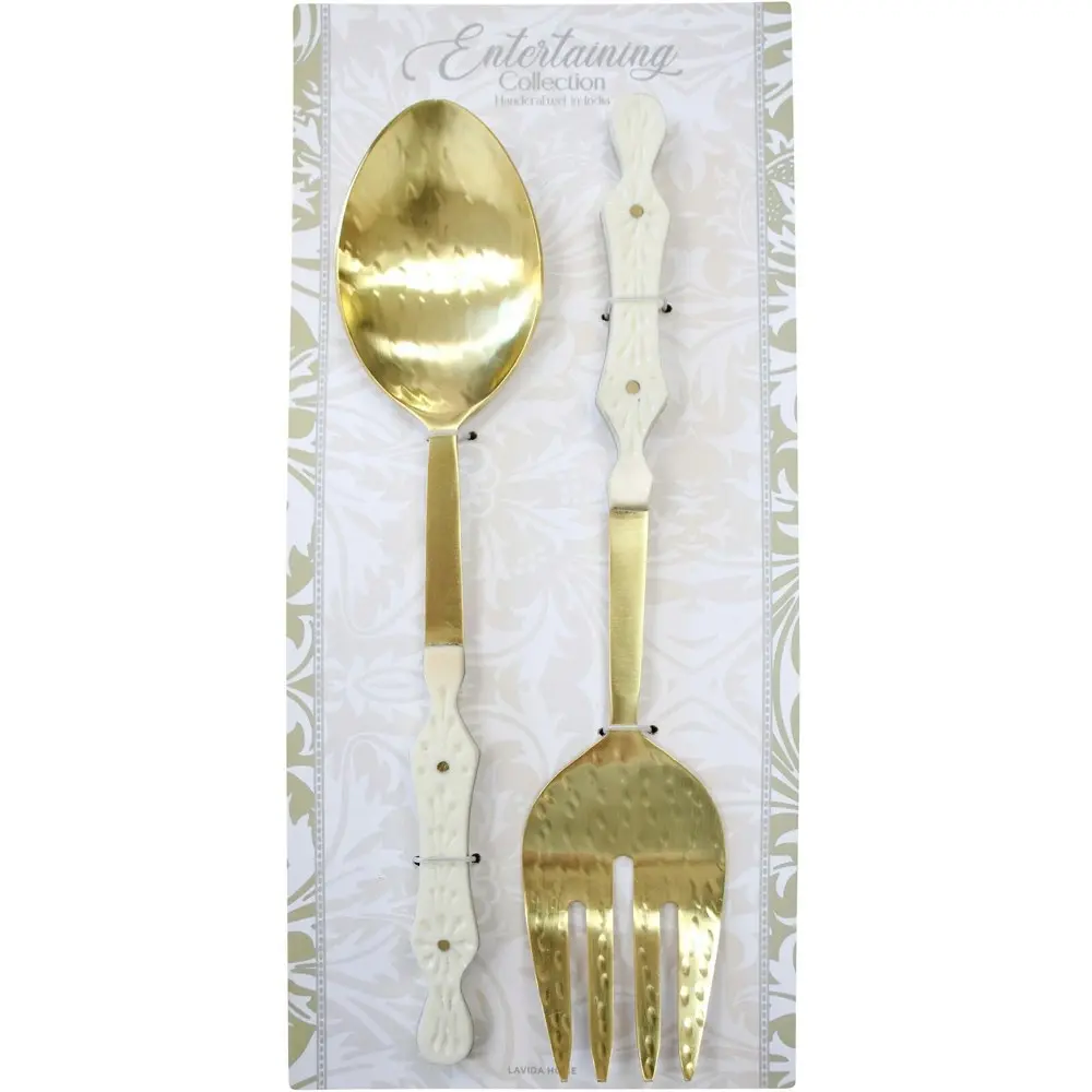 2pc LVD Brass/Resin Salad Server Sienna Spoon/Fork Utensils 18cm White/Gold