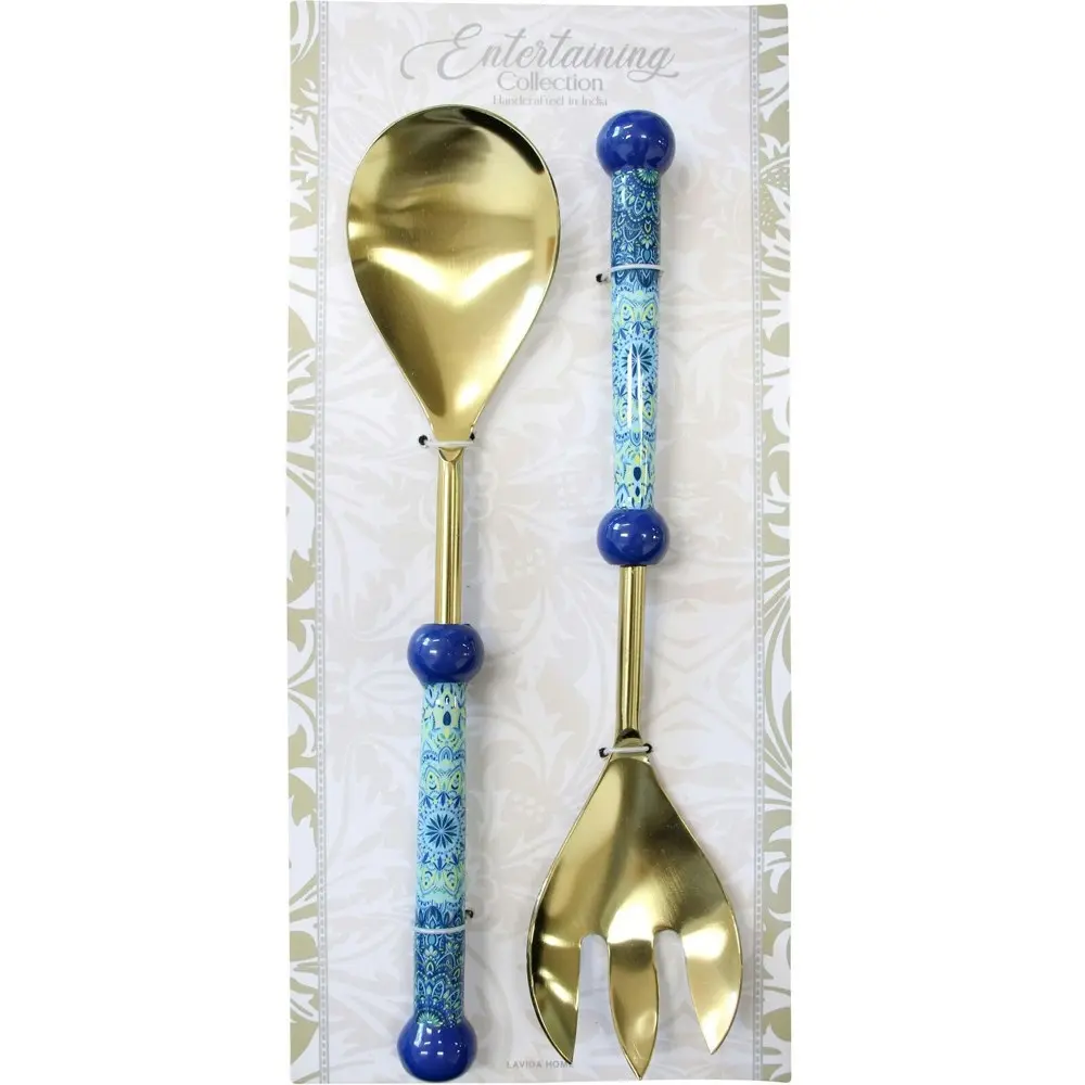 2pc LVD Aluminum Salad Server Porto Spoon/Fork Serving Utensils 28cm GLD/BLU