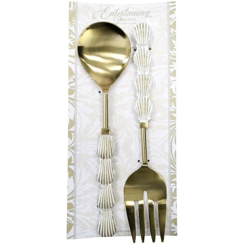 2pc LVD S/Steel/Brass Salad Servers Shell Handle Serving Utensils White/Gold