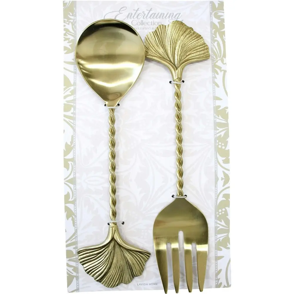 2pc LVD Brass Spoon/Fork Salad Server Leaf Handle Food Serving Utensils Gold