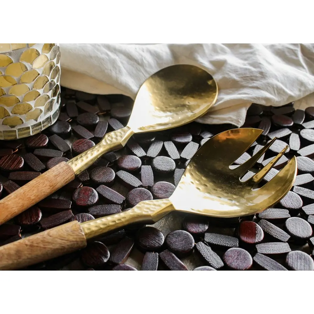 2pc LVD Brass Rustic Spoon/Fork Servers Wood Handle Utensils 30cm Gold/Brown