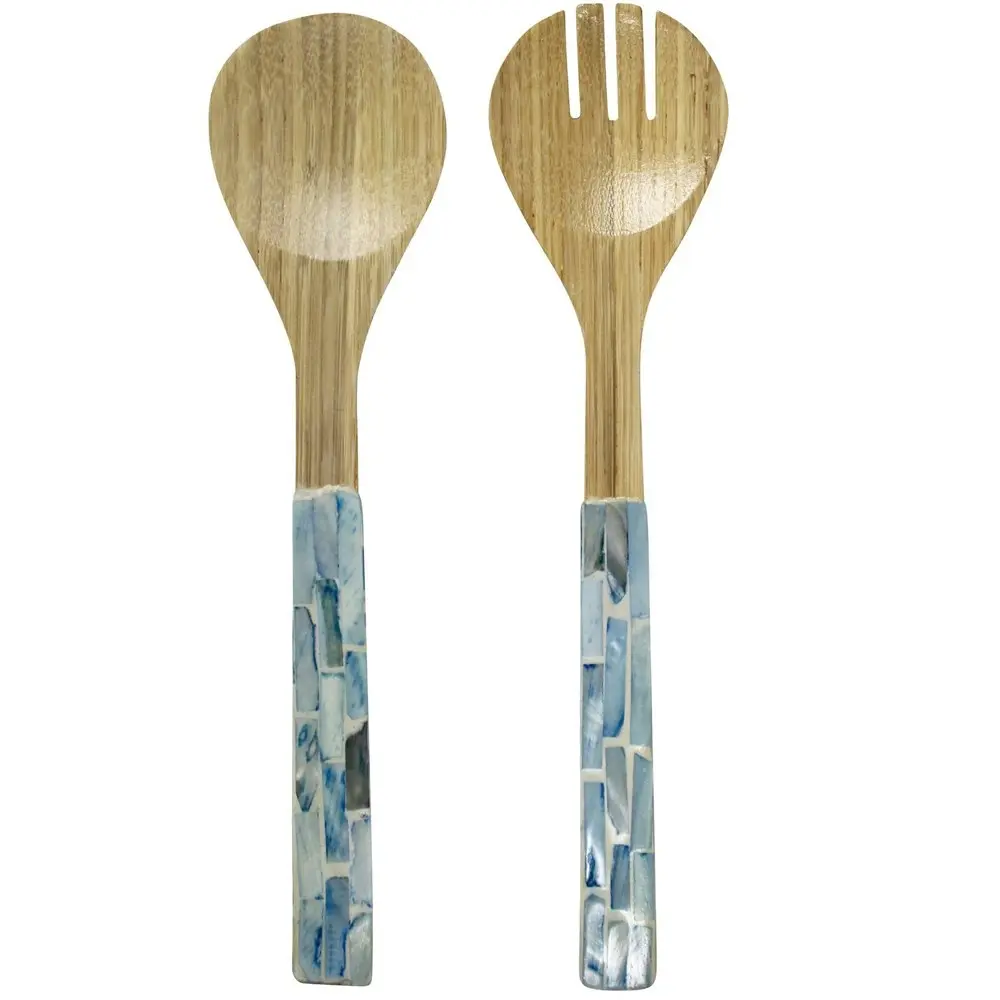 2x 2pc LVD Bamboo Food Servers Spoon/Fork Serving Utensils 33x8cm Soft Blue