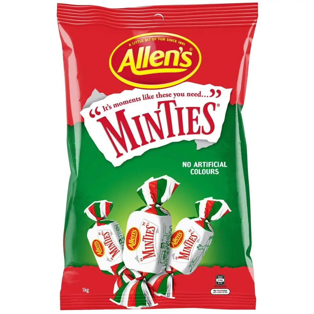 2x Allen's 1kg Minties Peppermint Flavoured Chewy Candy/Lolly Snack Pack Bag