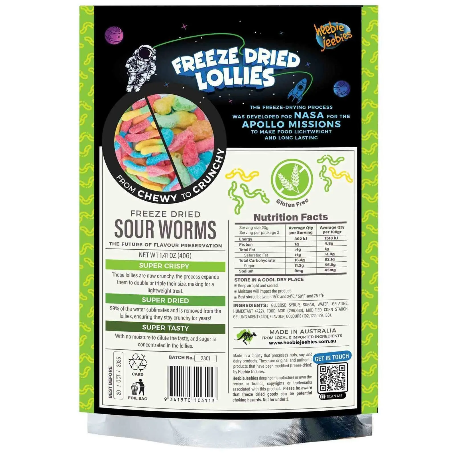 2x Heebie Jeebies 40g Sour Worms Freeze Dried Lollies Candy Sweets Confectionery