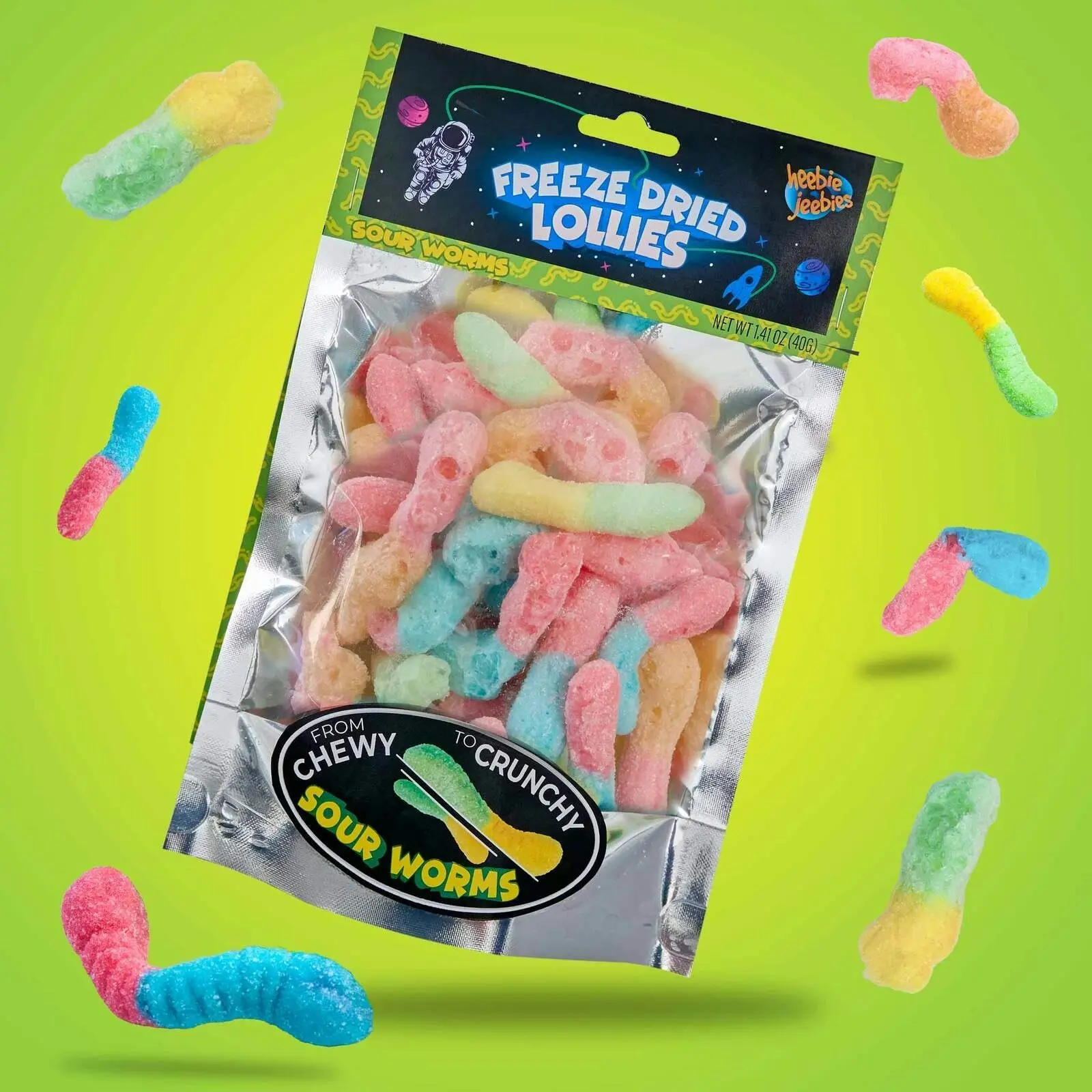 2x Heebie Jeebies 40g Sour Worms Freeze Dried Lollies Candy Sweets Confectionery