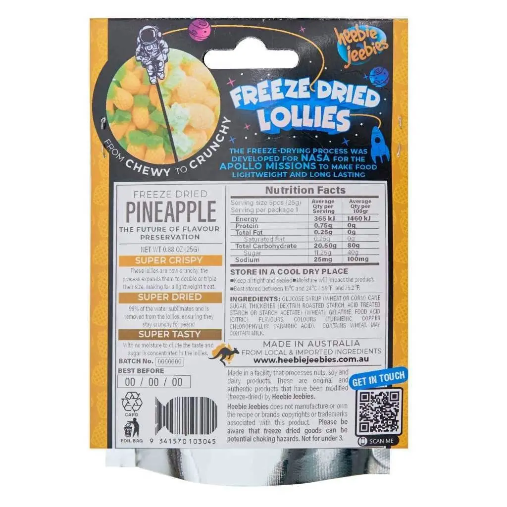 4x Heebie Jeebies 20g Pineapple Freeze Dried Lollies Candy Sweets Confectionery