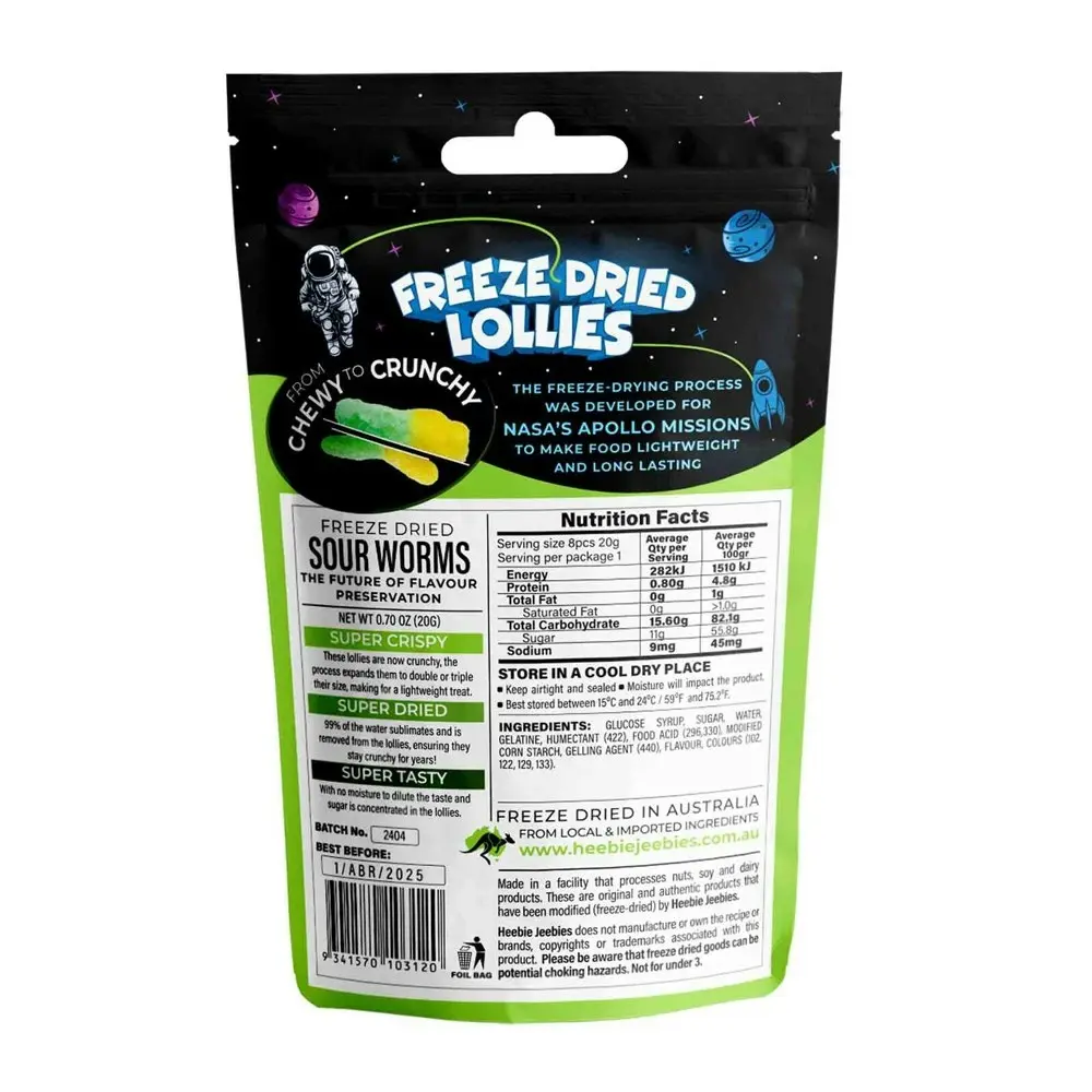 4x Heebie Jeebies 20g Mini Sour Worms Freeze Dried Lollies Candy Confectionery