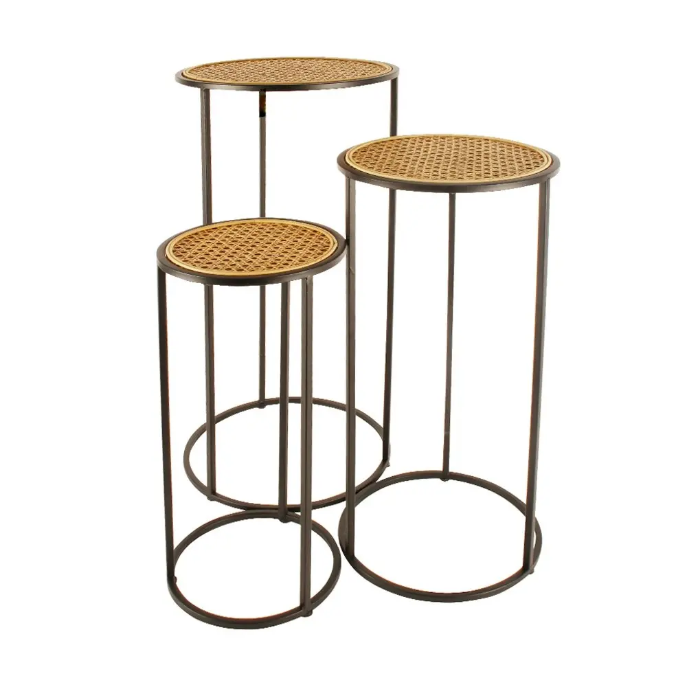 3pc Maine & Crawford Hendrix 50/60/70cm Rattan Side Table Furniture Matte Black