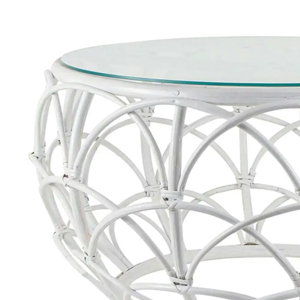 Maine & Crawford Beore 71cm Rattan Round Coffee Table Decor w/ Glass Top White