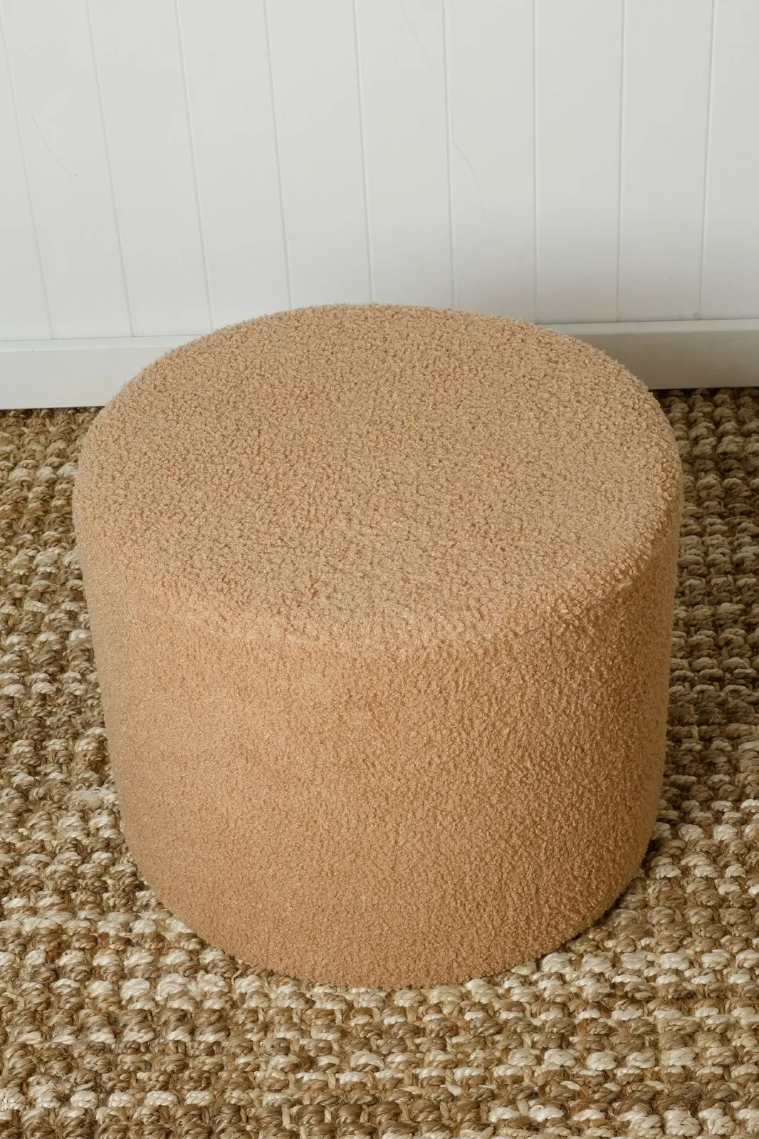 Maine & Crawford Talia 52cm Round Teddy Plush Foot Stool Pouf Seat Chair Beige