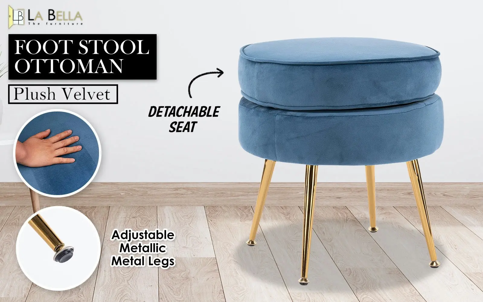 La Bella Navy Blue Round Ottoman Foot Stool Velvet Fabric Metal Leg - Set Of 1