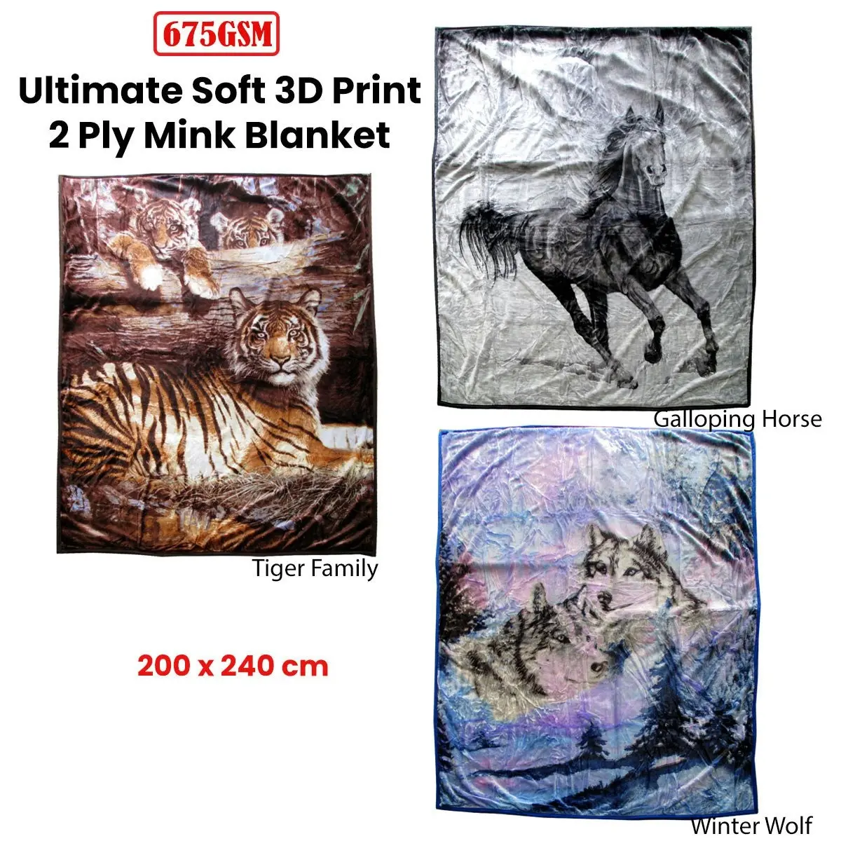 675Gsm 2 Ply 3D Print Faux Mink Blanket Queen 200X240 Cm Tiger Family