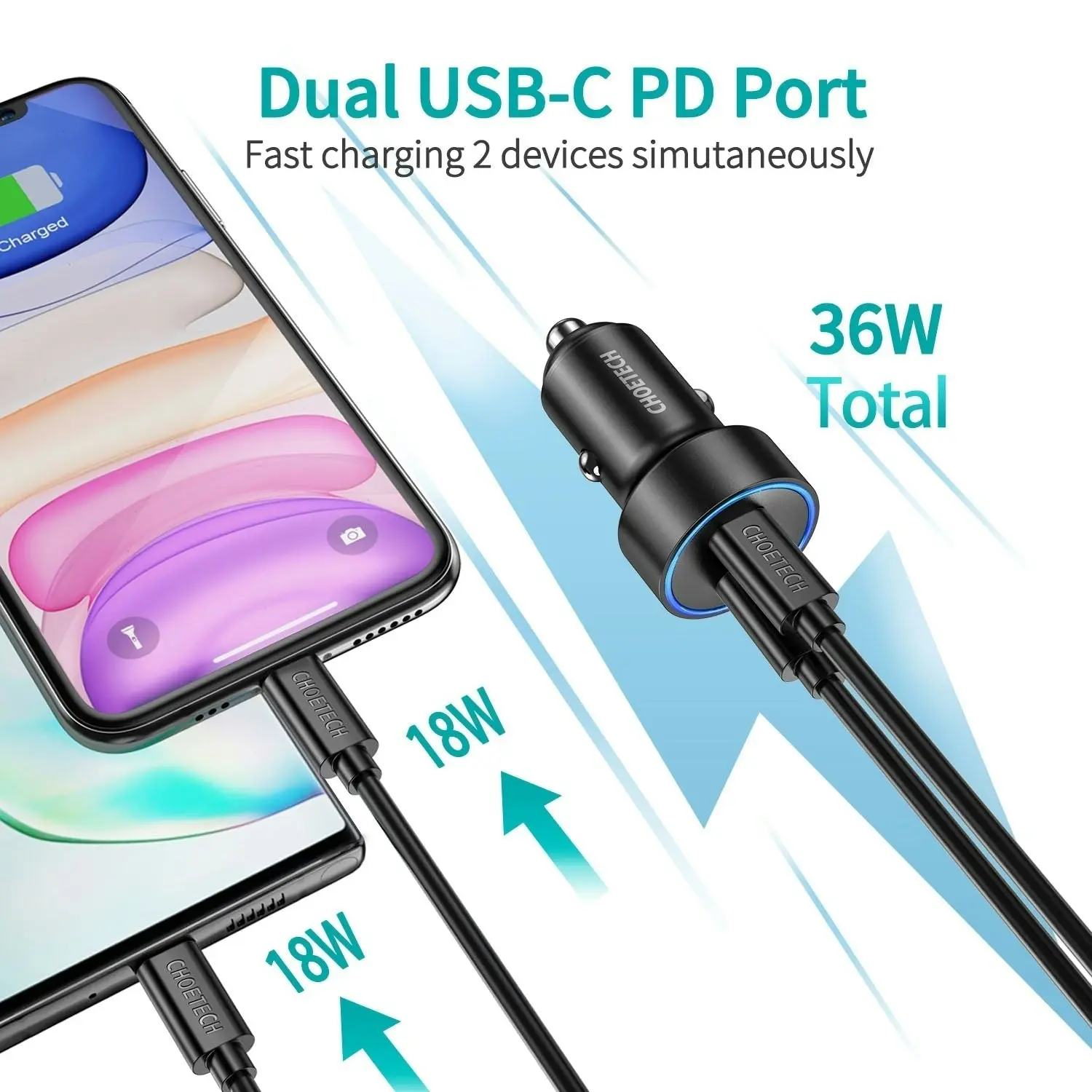 Choetech C0054 2-Port 40W Usb-C Car Charger Adapter - One Size