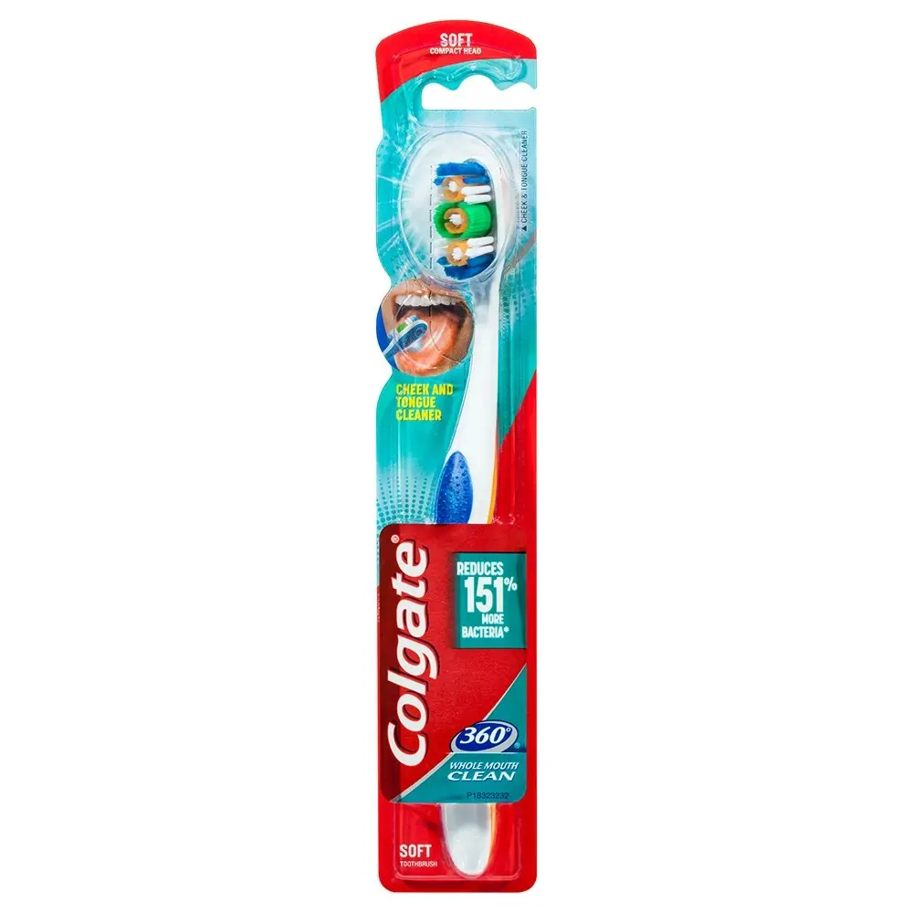 4PK Colgate 360° Clean Soft Bristles Toothbrush w/Cheek/Tongue Cleaner Assorted