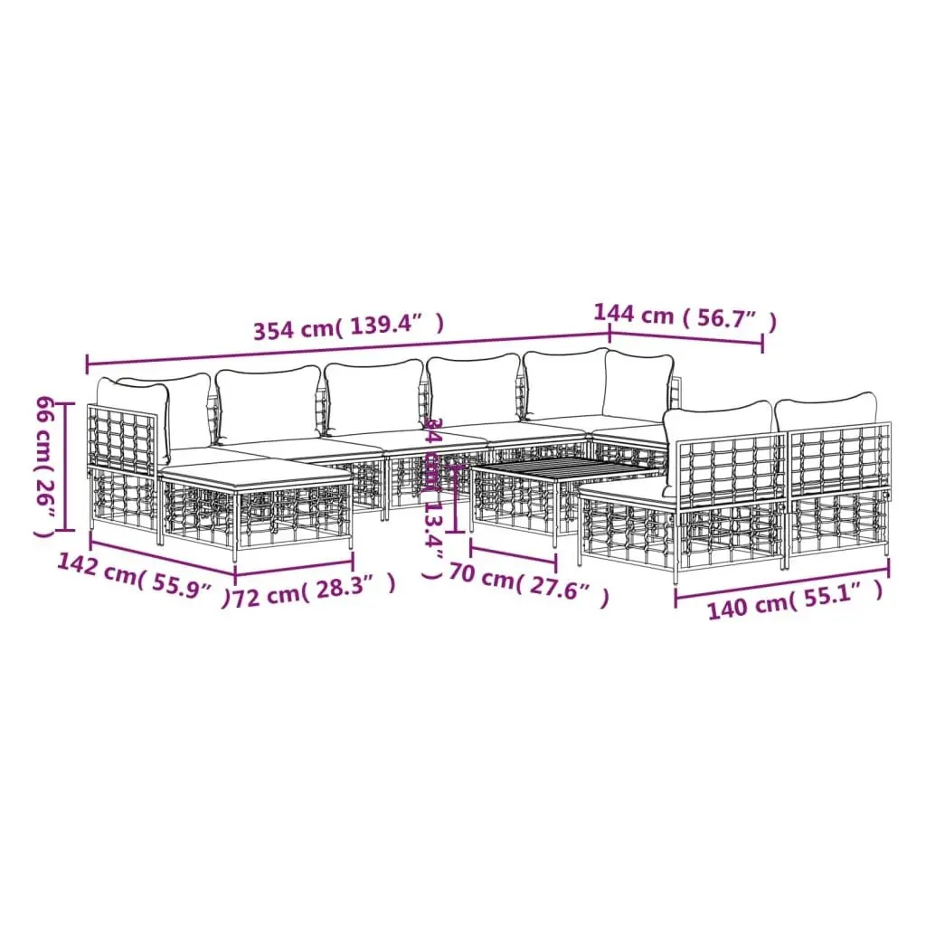 10 Piece Garden Lounge Set with Cushions Anthracite Poly Rattan 3186804