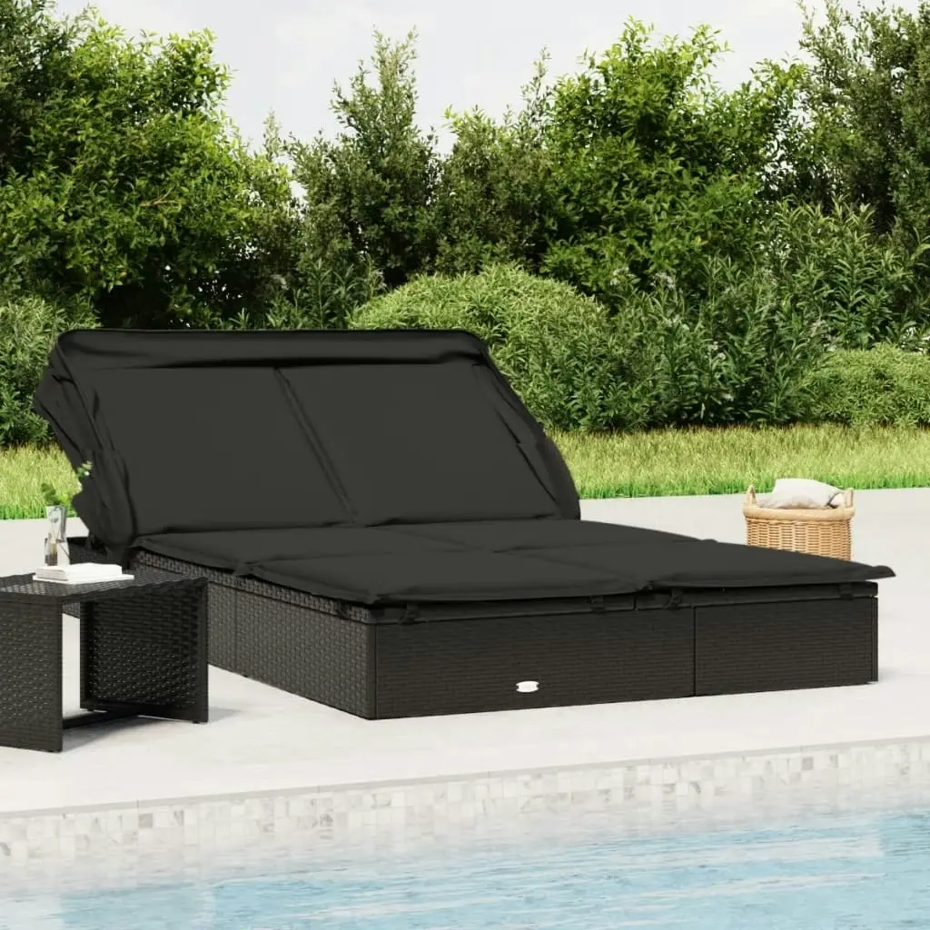 2-Person Sunbed with Foldable Roof Black 213x118x97 cm Poly Rattan 319652