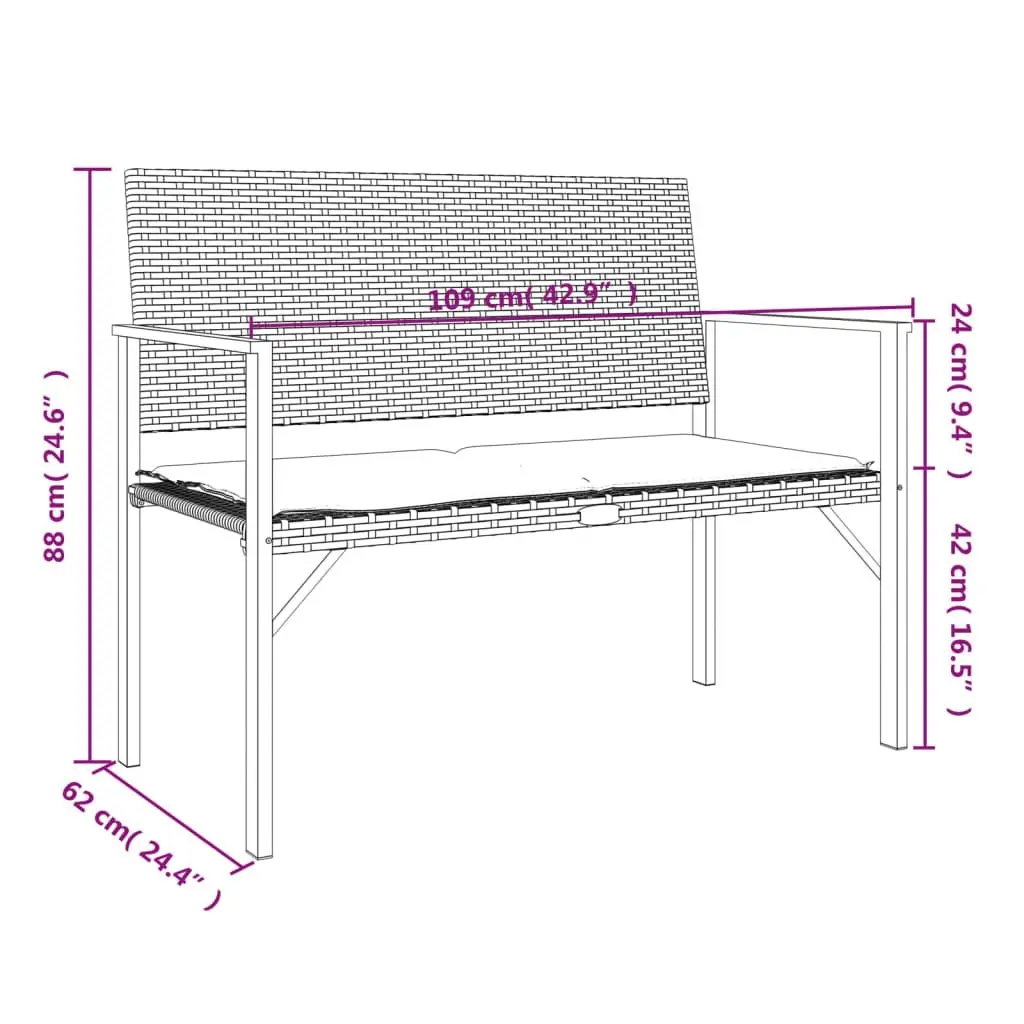 2-Seater Garden Bench with Cushion Black Poly Rattan 364119