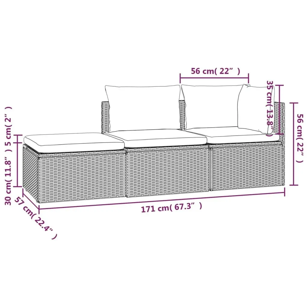 3 Piece Garden Lounge Set with Cushions Grey Poly Rattan 318677