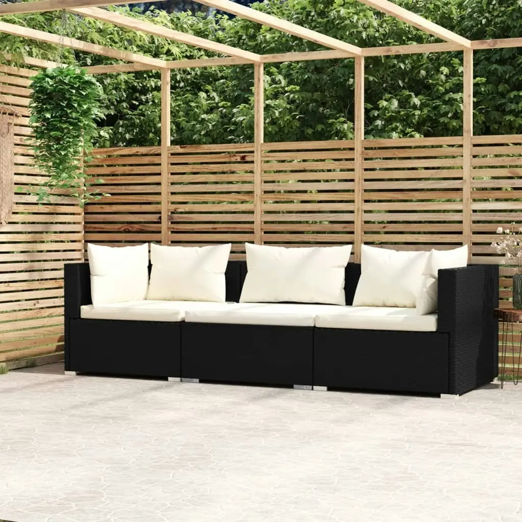 3-Seater Sofa with Cushions Black Poly Rattan 317489