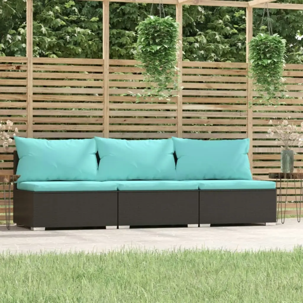 3-Seater Sofa with Cushions Black Poly Rattan 317539