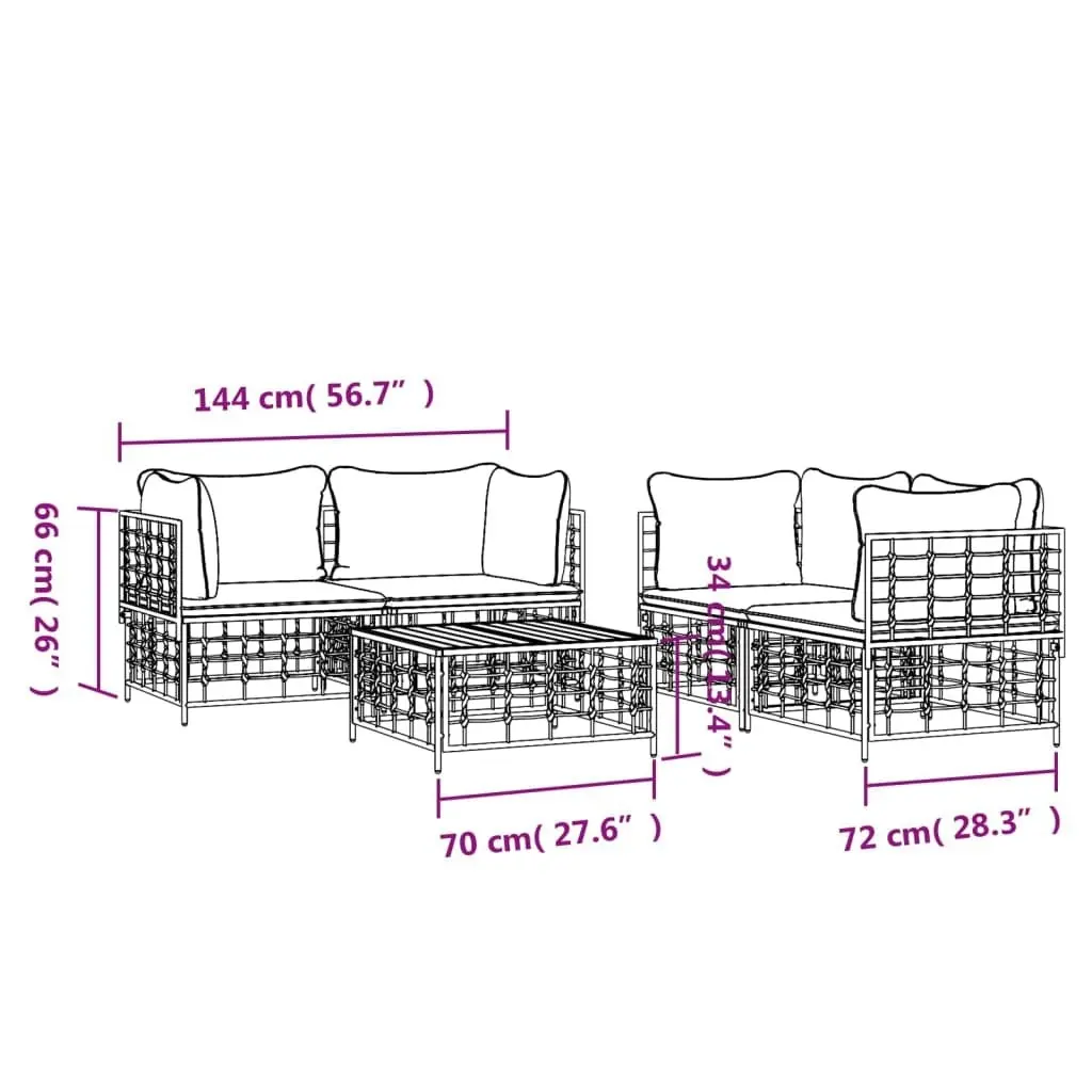 5 Piece Garden Lounge Set with Cushions Anthracite Poly Rattan 3186702