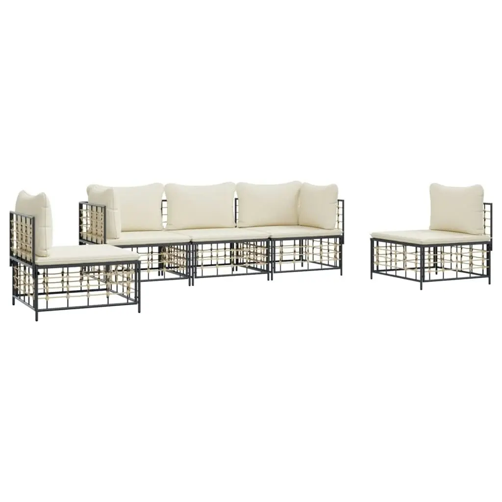 5 Piece Garden Lounge Set with Cushions Anthracite Poly Rattan 3186716