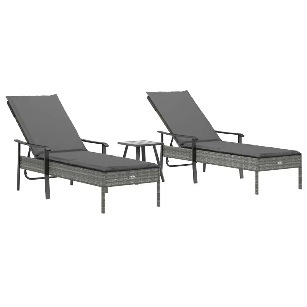 Sun Loungers 2 pcs with Table and Cushions Grey Poly Rattan 362808