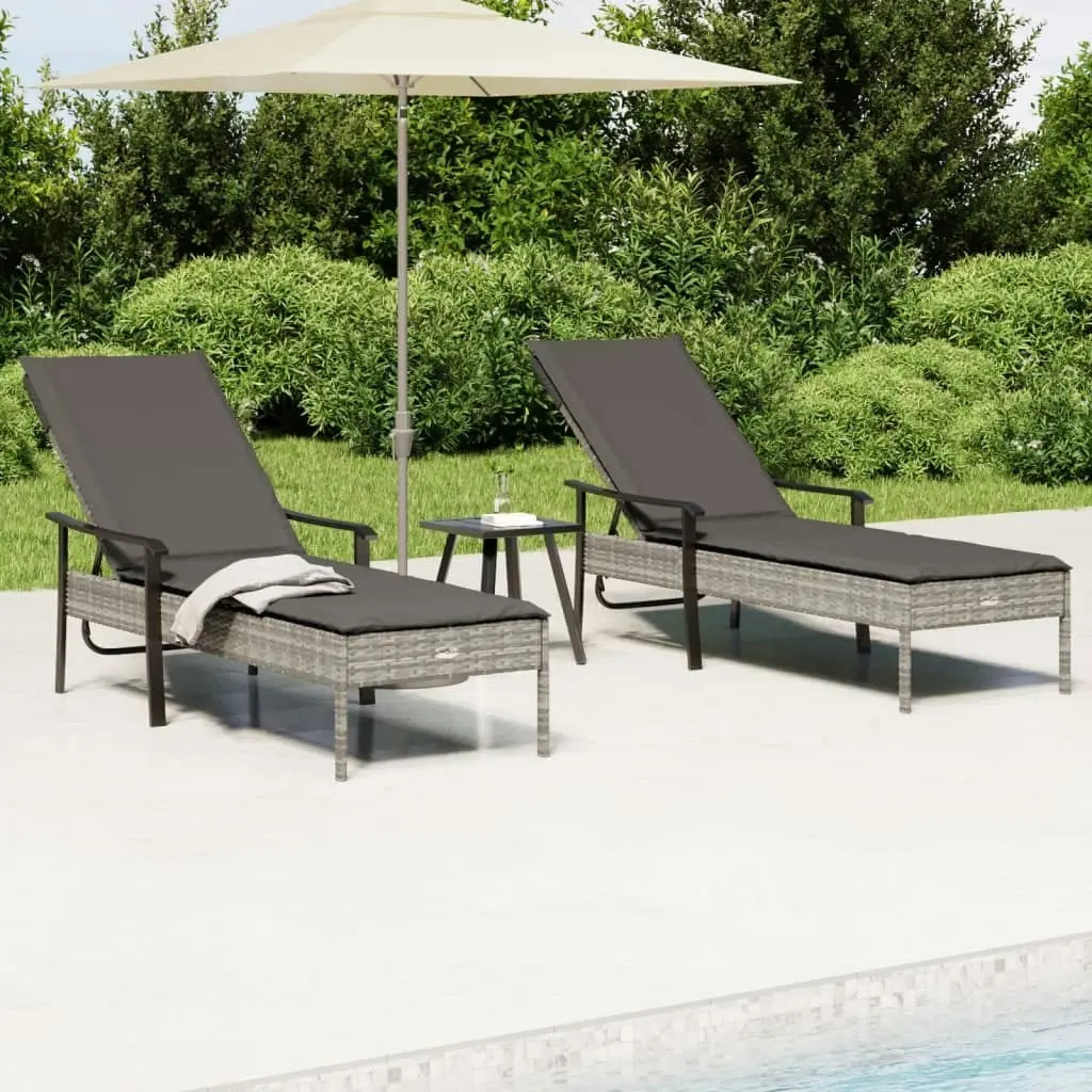 Sun Loungers 2 pcs with Table and Cushions Grey Poly Rattan 362808