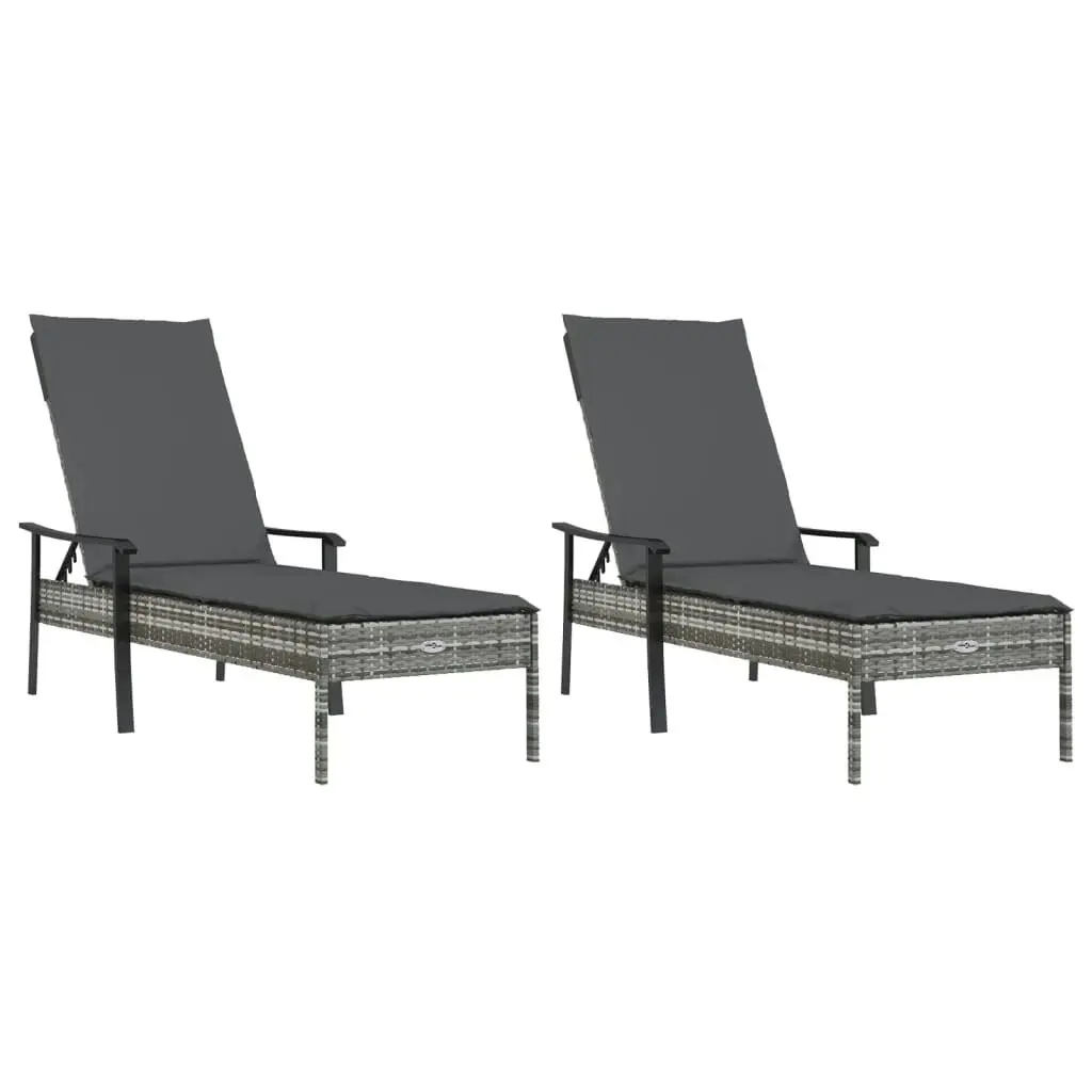 Sun Loungers 2 pcs with Table and Cushions Grey Poly Rattan 362808