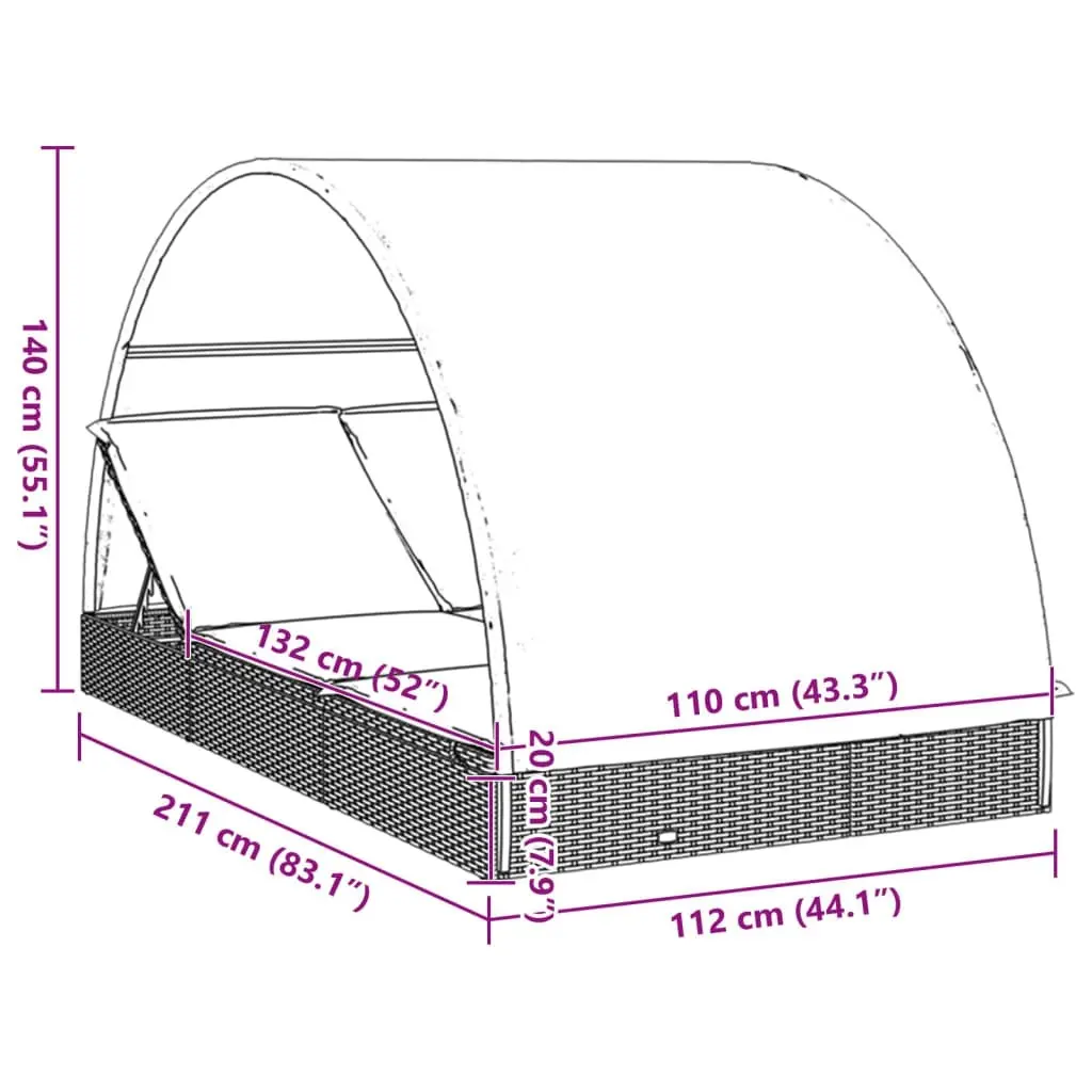 2-Person Sunbed with Round Roof Grey 211x112x140 cm Poly Rattan 319655