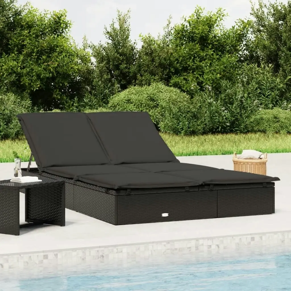 2-Person Sunbed with Cushions Black Poly Rattan 319647