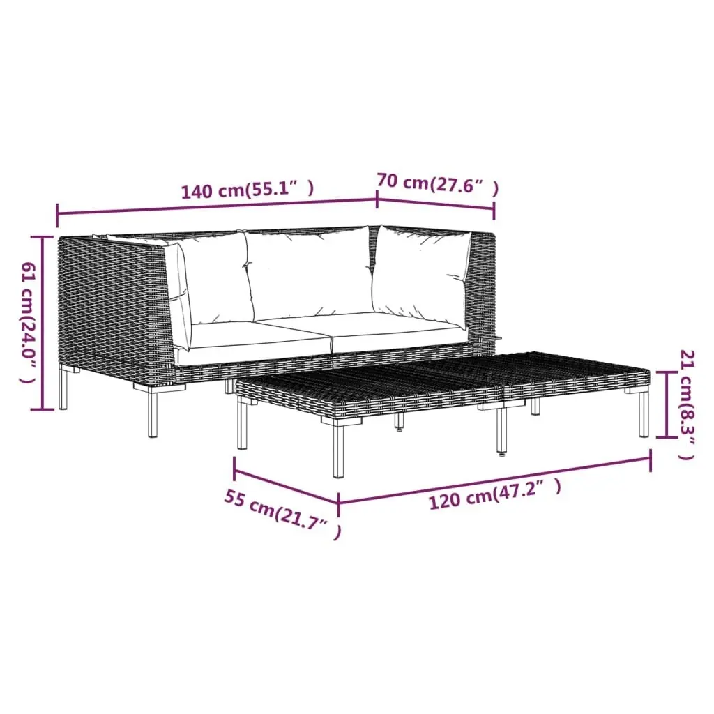 3 Piece Garden Lounge Set Dark Grey Half Round Poly Rattan 318606