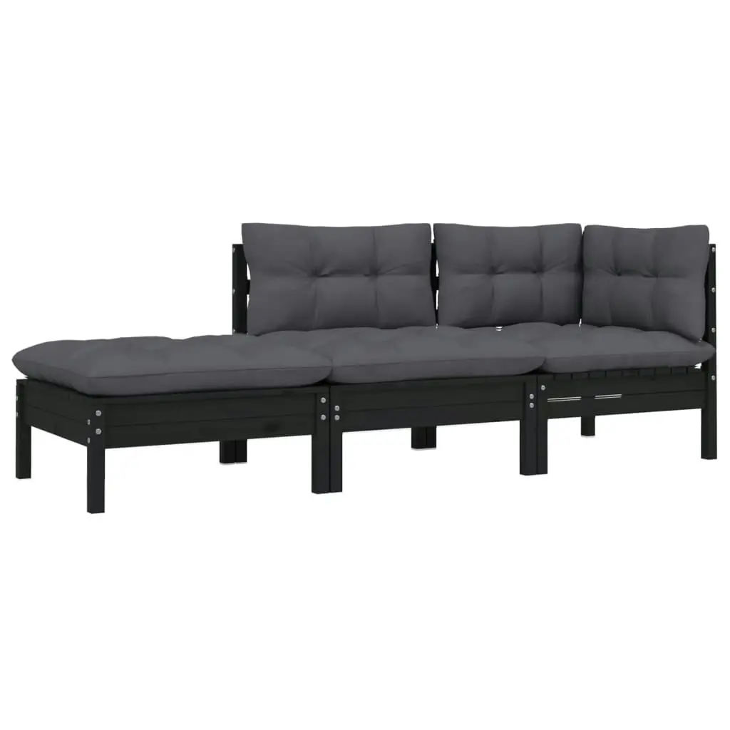 3 Piece Garden Lounge Set with Cushions Black Solid Pinewood 806668