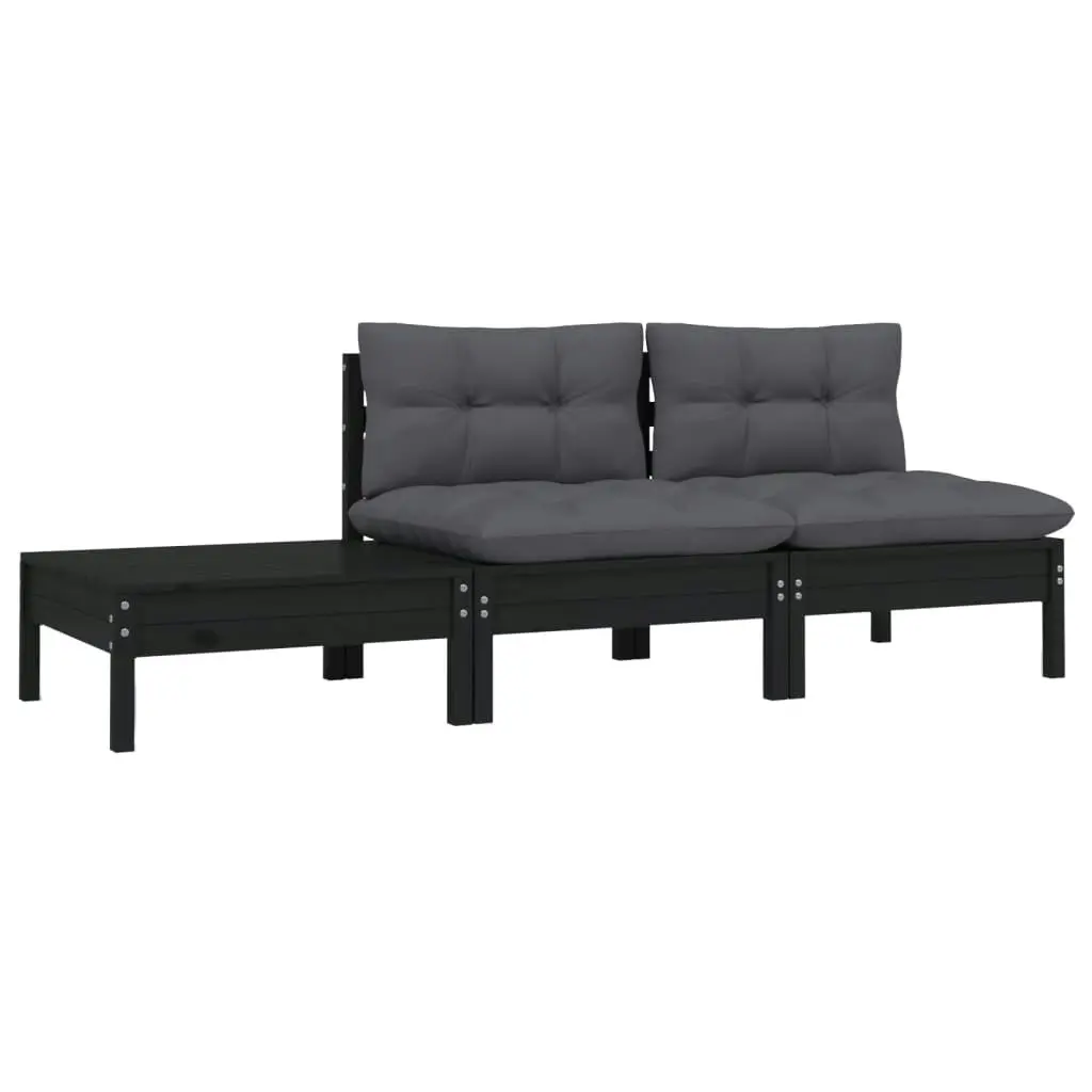 3 Piece Garden Lounge Set with Cushions Black Solid Pinewood 806686