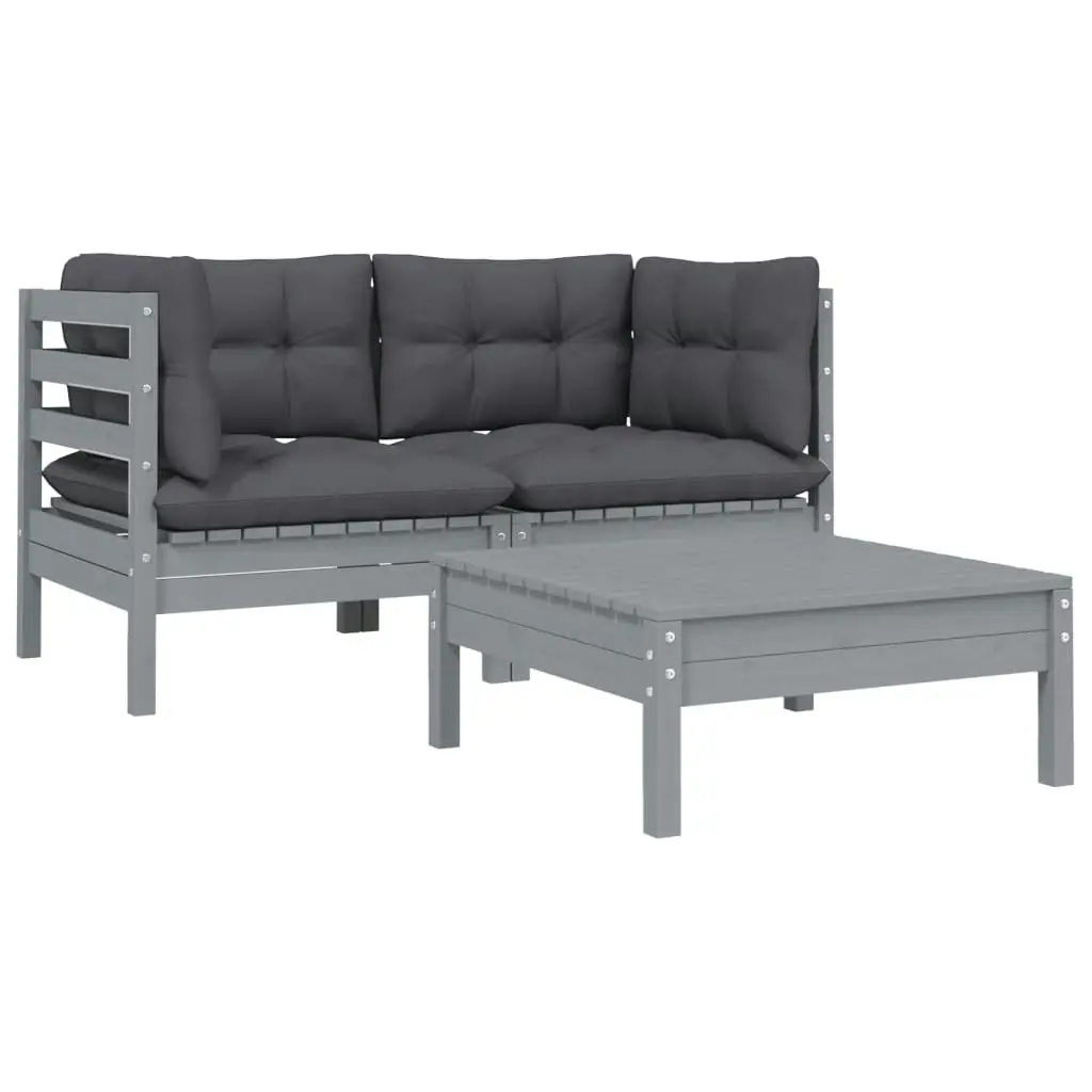 3 Piece Garden Lounge Set with Cushions Grey Solid Pinewood 806678